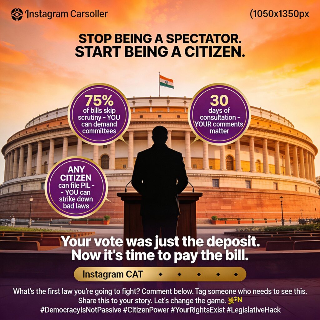 🤯 **Your Vote Was Just the Deposit. Now It's Time to Pay the Bill.**

For 50 years, I've watched India's legislative machine grind. Most citizens think democracy ends at the ballot box. WRONG. The real power is in the drafting room, and YOU have keys to it.

This guide reveals how ordinary citizens hijack the lawmaking process—legally.

🔥 **What you'll master:**
- **Pre-Legislative Consultation**: Force 30-day public feedback BEFORE bills hit Parliament
- **Committee Warfare**: Submit expert testimony that changes minds (75% of bills skip this!)
- **Ordinance Assassination**: Kill emergency laws in their 6-week window
- **Judicial Nukes**: Use RTI + PIL to strike down bad laws from Supreme Court

Ready to become a Legislative Vigilante?

**Which law would YOU fight first? Drop it in the comments!** 👇