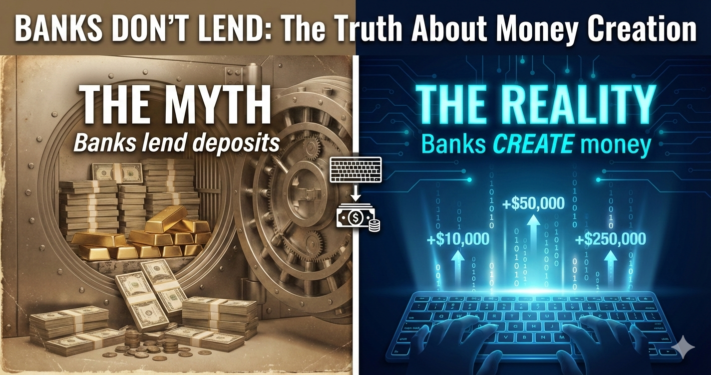 Split-screen illustration: Left shows traditional bank vault with cash (banking myth). Right shows digital money creation via keyboard (banking reality). Hero image for "Banks DON'T Lend Money - Truth About Money Creation" blog post.